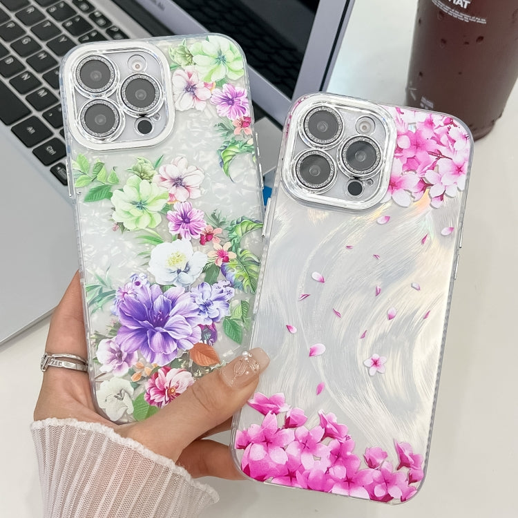 For iPhone 16e Electroplating Flowers Plants Texture TPU Phone Case(Purple Flowers FL1) - iPhone 16e Cases by PMC TechLife | Online Shopping South Africa | PMC TechLife | Buy Now Pay Later Mobicred