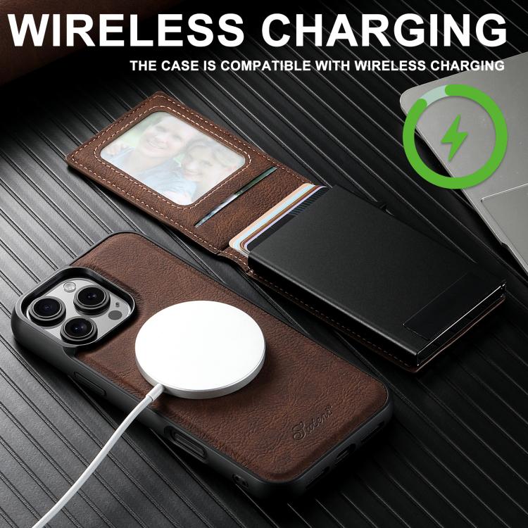 For iPhone 16e Suteni H19 Litchi Grain 2-in-1 MagSafe Removable Card Box Back Phone Case(Brown) - iPhone 16e Cases by Suteni | Online Shopping South Africa | PMC TechLife | Buy Now Pay Later Mobicred