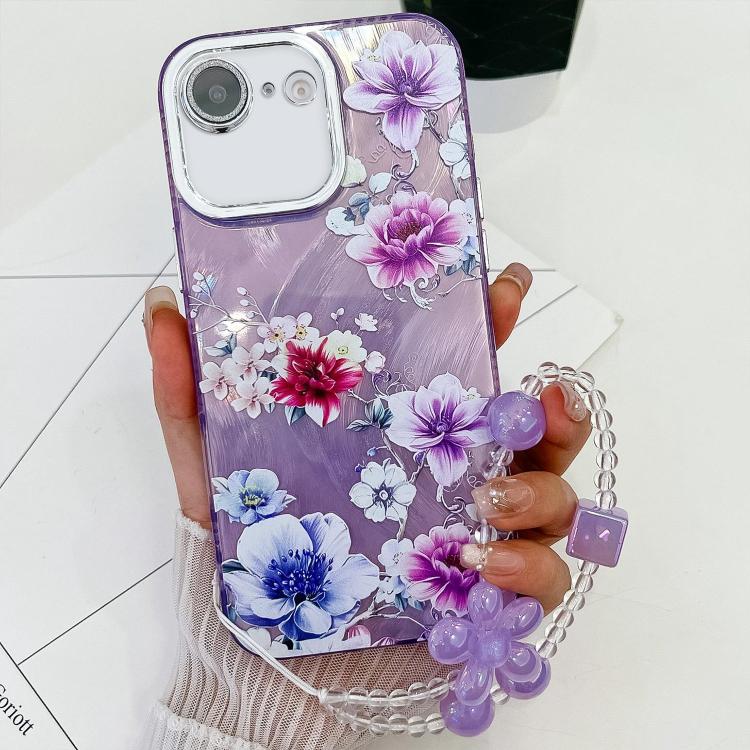 For iPhone 16e Electroplating Flowers Plants Texture Wristband TPU Phone Case(Purple Flowers FL1) - iPhone 16e Cases by PMC TechLife | Online Shopping South Africa | PMC TechLife | Buy Now Pay Later Mobicred