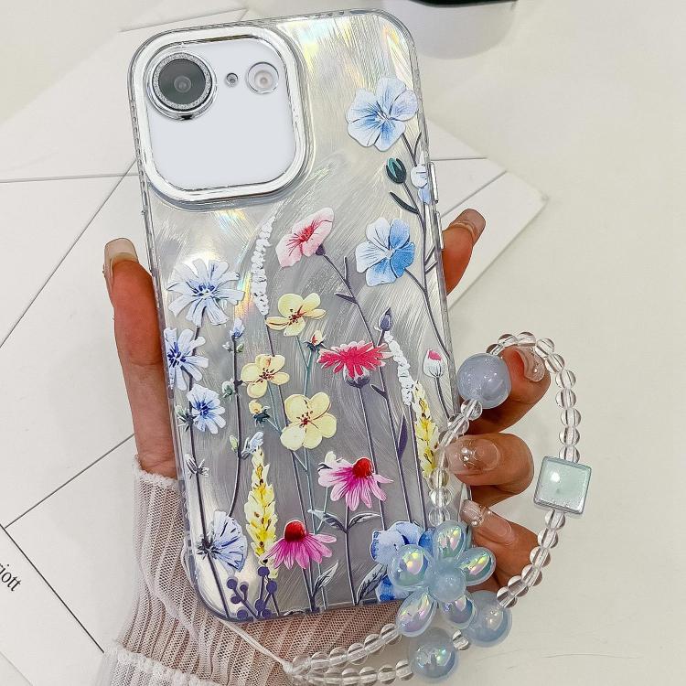 For iPhone 16e Electroplating Flowers Plants Texture Wristband TPU Phone Case(Wildflower FL2) - iPhone 16e Cases by PMC TechLife | Online Shopping South Africa | PMC TechLife | Buy Now Pay Later Mobicred