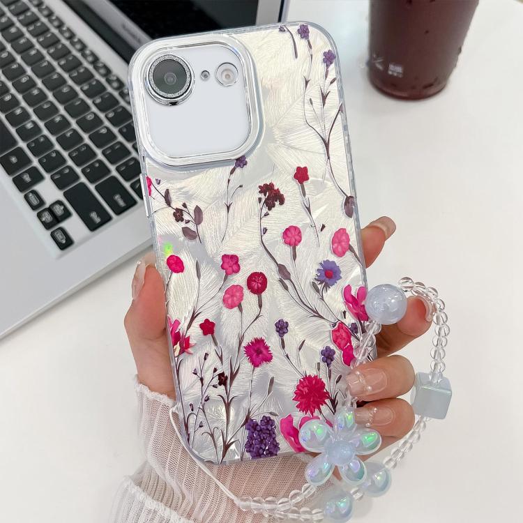 For iPhone 16e Electroplating Flowers Plants Texture Wristband TPU Phone Case(Carnation FL7) - iPhone 16e Cases by PMC TechLife | Online Shopping South Africa | PMC TechLife | Buy Now Pay Later Mobicred