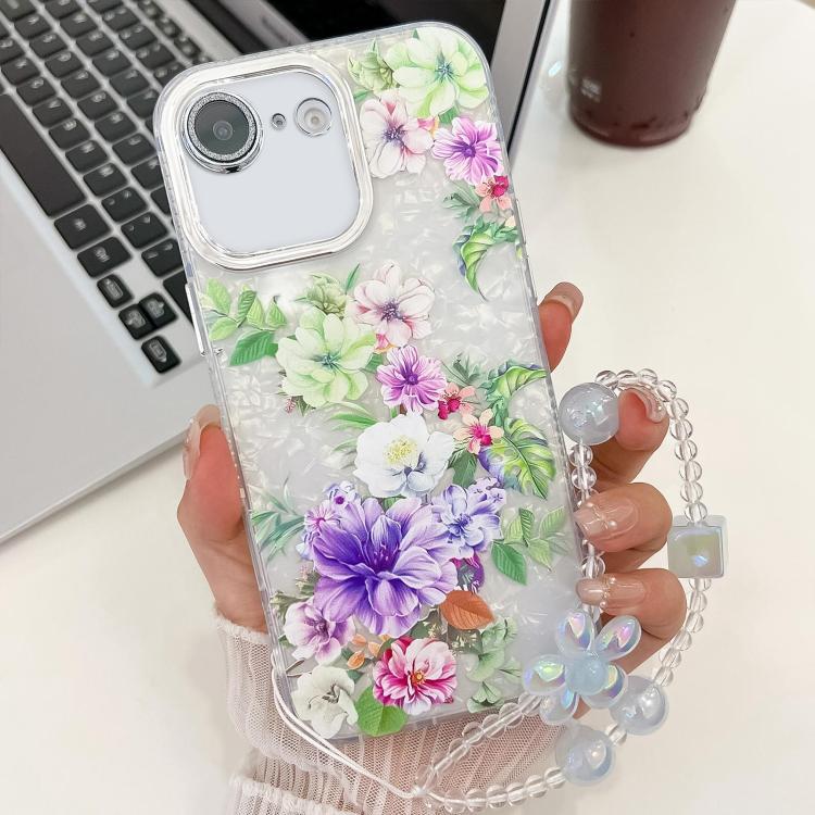 For iPhone 16e Electroplating Flowers Plants Texture Wristband TPU Phone Case(Colorful Peony FL10) - iPhone 16e Cases by PMC TechLife | Online Shopping South Africa | PMC TechLife | Buy Now Pay Later Mobicred