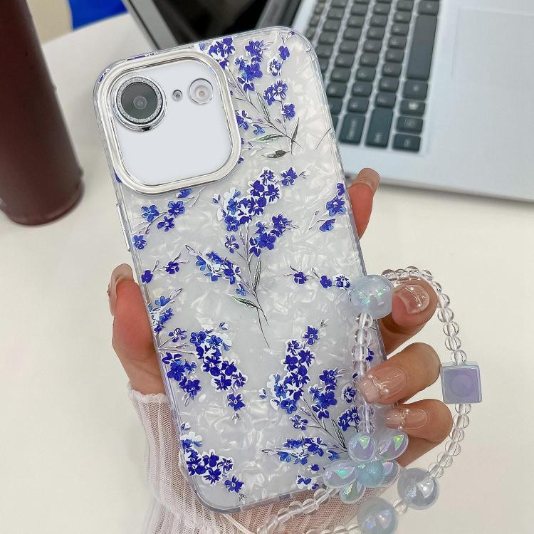 For iPhone 16e Electroplating Flowers Plants Texture Wristband TPU Phone Case(Blue Flower FL13) - iPhone 16e Cases by PMC TechLife | Online Shopping South Africa | PMC TechLife | Buy Now Pay Later Mobicred
