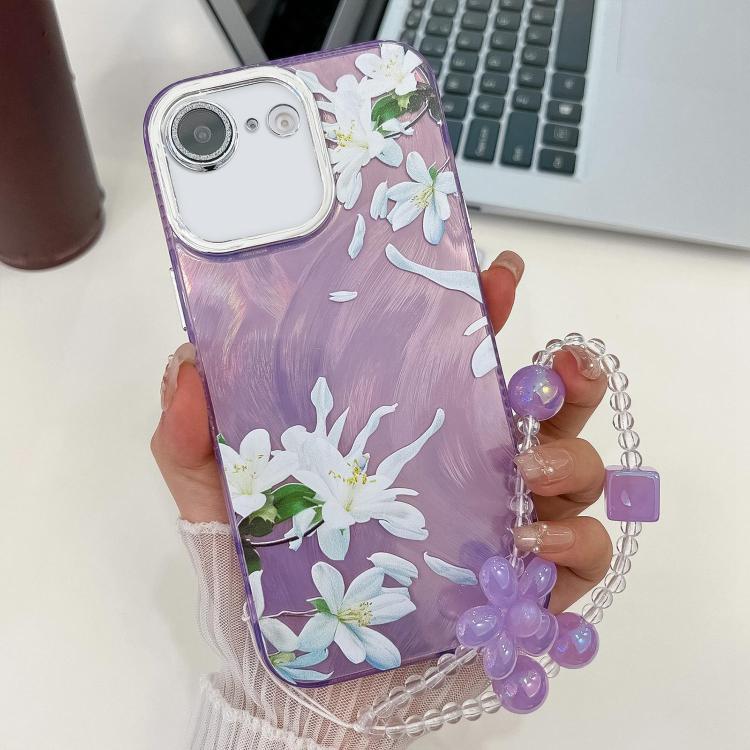 For iPhone 16e Electroplating Flowers Plants Texture Wristband TPU Phone Case(Gardenia FL15) - iPhone 16e Cases by PMC TechLife | Online Shopping South Africa | PMC TechLife | Buy Now Pay Later Mobicred