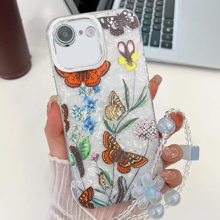 For iPhone 16e Electroplating Flowers Plants Texture Wristband TPU Phone Case(Butterfly Love Flower FL17) - iPhone 16e Cases by PMC TechLife | Online Shopping South Africa | PMC TechLife | Buy Now Pay Later Mobicred