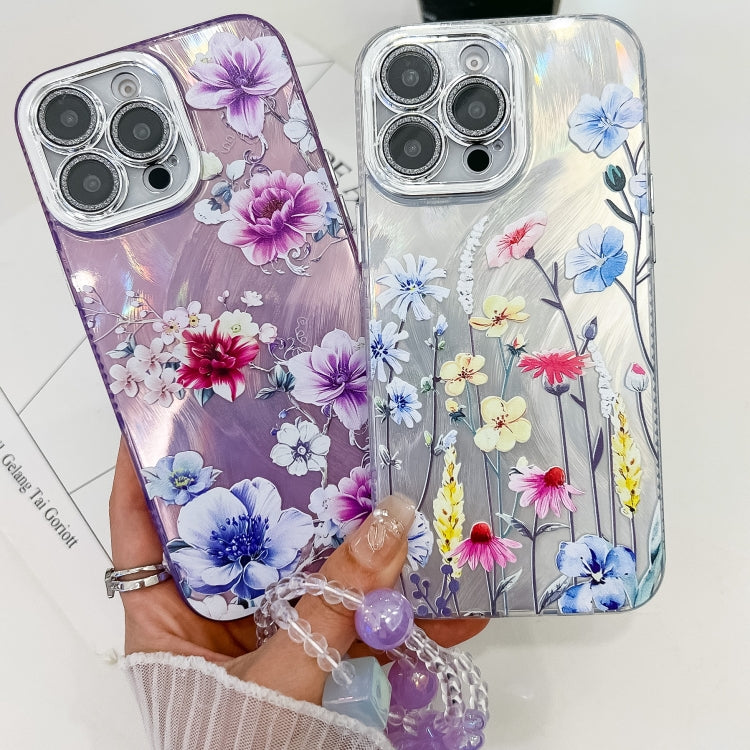 For iPhone 16e Electroplating Flowers Plants Texture Wristband TPU Phone Case(Pale Purple FlowerFL11) - iPhone 16e Cases by PMC TechLife | Online Shopping South Africa | PMC TechLife | Buy Now Pay Later Mobicred