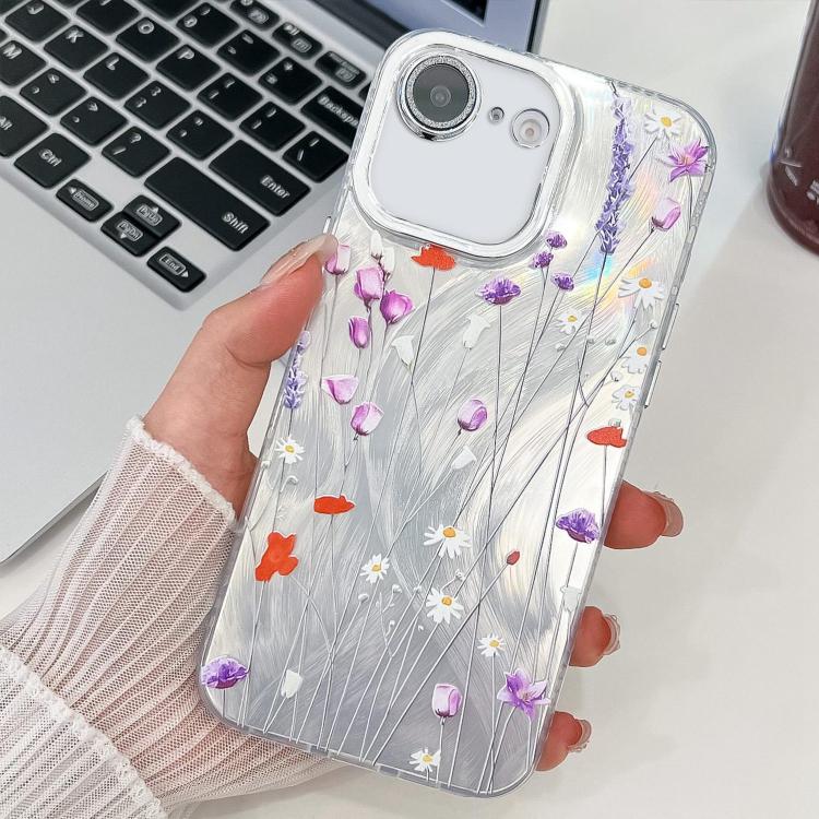 For iPhone 16e Electroplating Flower Texture TPU Phone Case(Purple Wildflowers SH1) - iPhone 16e Cases by PMC TechLife | Online Shopping South Africa | PMC TechLife | Buy Now Pay Later Mobicred