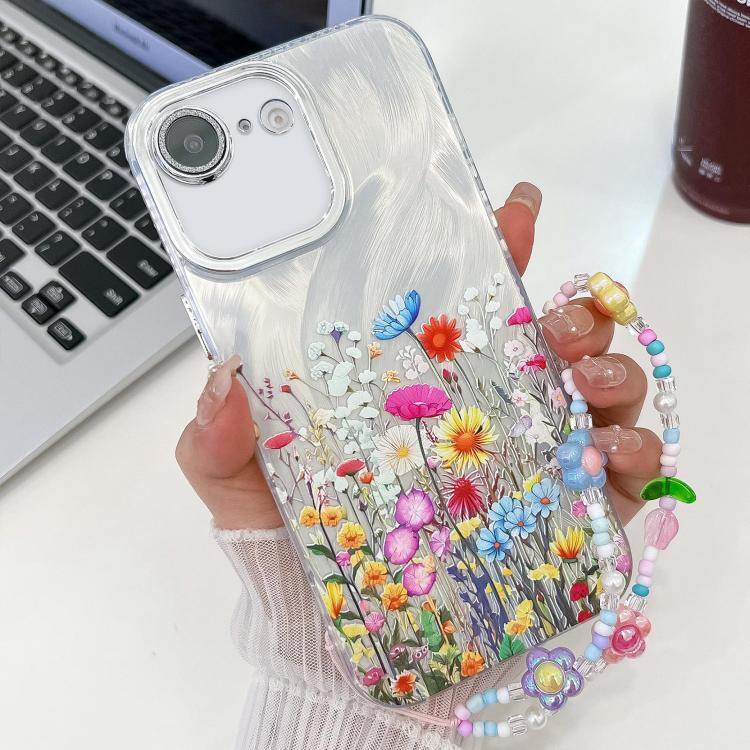 For iPhone 16e Electroplating Flower Texture Wristband TPU Phone Case(Flowers SH4) - iPhone 16e Cases by PMC TechLife | Online Shopping South Africa | PMC TechLife | Buy Now Pay Later Mobicred