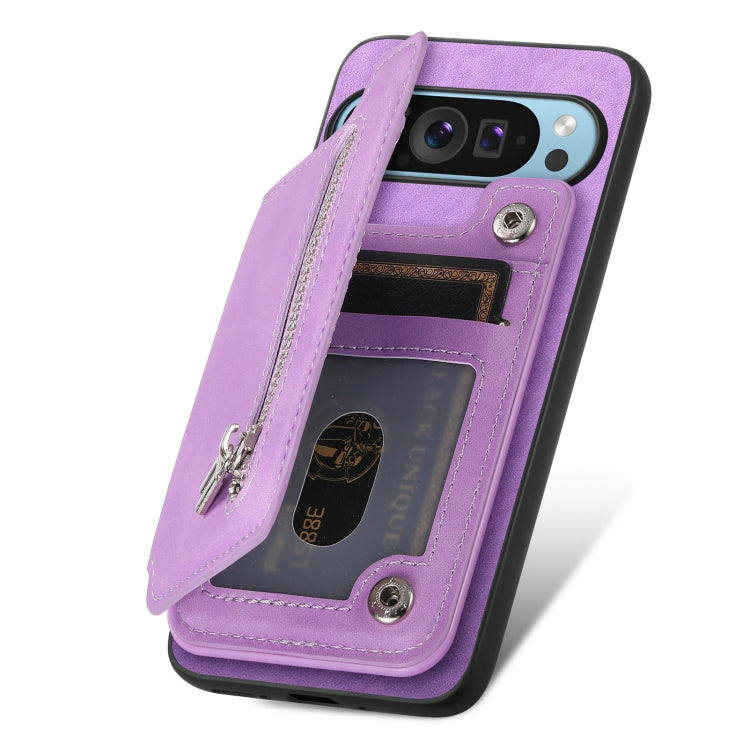 For Google Pixel 9 Pro XL Retro MagSafe Zipper Wallet Card Bag Back Phone Case(Purple) - Google Cases by PMC TechLife | Online Shopping South Africa | PMC TechLife | Buy Now Pay Later Mobicred