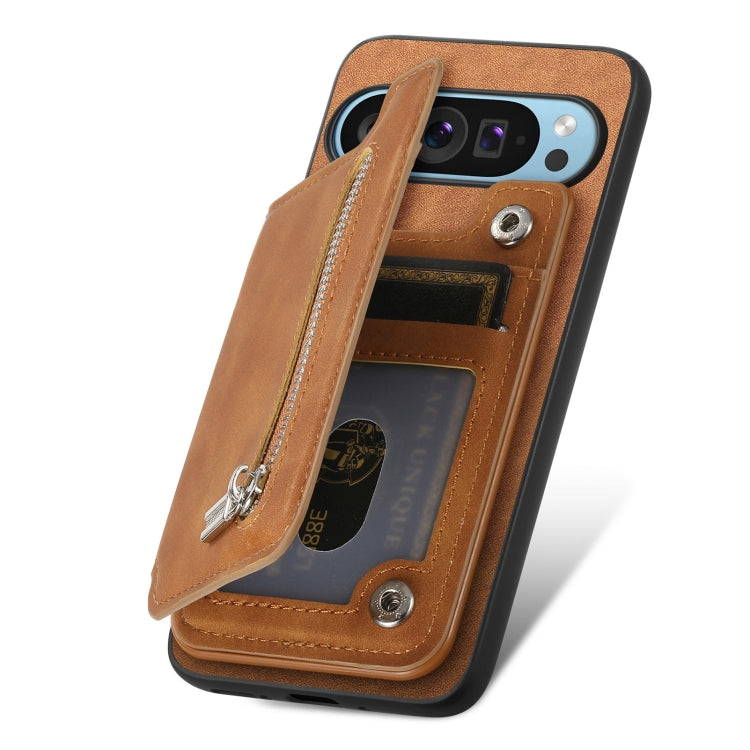 For Google Pixel 8a Retro MagSafe Zipper Wallet Card Bag Back Phone Case(Brown) - Google Cases by PMC TechLife | Online Shopping South Africa | PMC TechLife | Buy Now Pay Later Mobicred