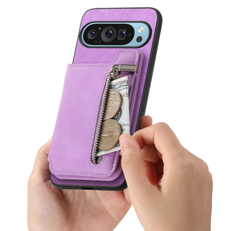 For Google Pixel 7 Pro Retro MagSafe Zipper Wallet Card Bag Back Phone Case(Purple) - Google Cases by PMC TechLife | Online Shopping South Africa | PMC TechLife | Buy Now Pay Later Mobicred