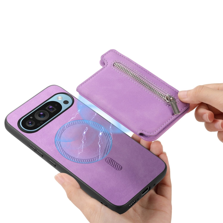 For Google Pixel 9 / 9 Pro Retro MagSafe Zipper Wallet Card Bag Back Phone Case(Purple) - Google Cases by PMC TechLife | Online Shopping South Africa | PMC TechLife | Buy Now Pay Later Mobicred