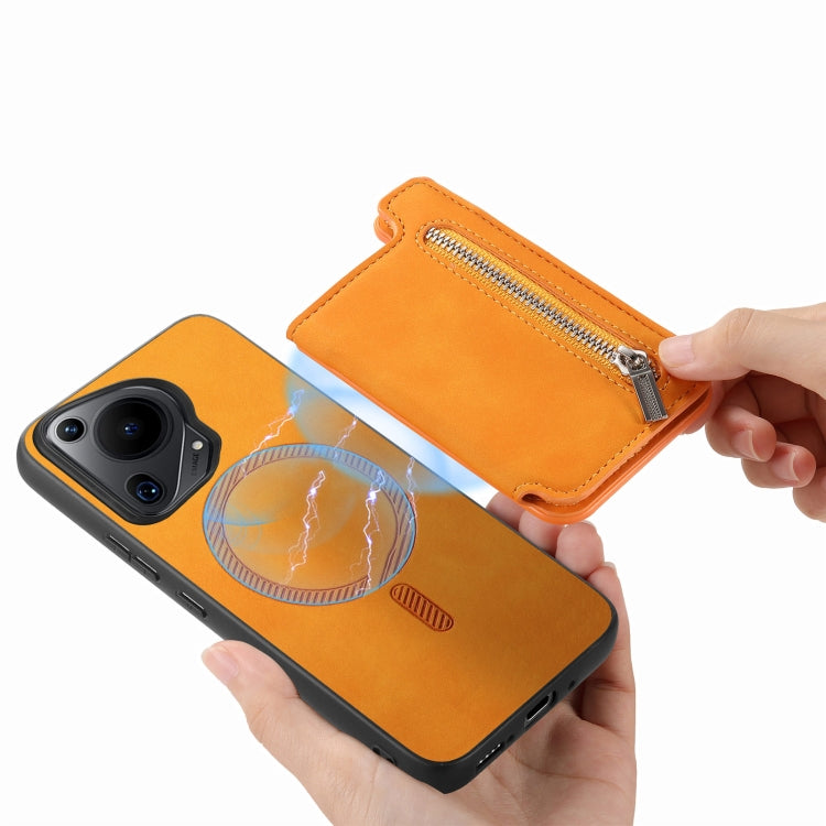 For Huawei Pura 70 Pro+ Retro MagSafe Zipper Wallet Card Bag Back Phone Case(Yellow) - Huawei Cases by PMC Jewellery | Online Shopping South Africa | PMC Jewellery | Buy Now Pay Later Mobicred