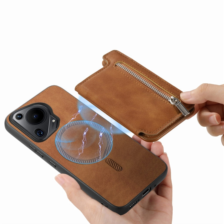 For Huawei Pura 70 Pro+ Retro MagSafe Zipper Wallet Card Bag Back Phone Case(Brown) - Huawei Cases by PMC Jewellery | Online Shopping South Africa | PMC Jewellery | Buy Now Pay Later Mobicred