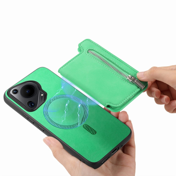 For Huawei Pura 70 Ultra Retro MagSafe Zipper Wallet Card Bag Back Phone Case(Green) - Huawei Cases by PMC Jewellery | Online Shopping South Africa | PMC Jewellery | Buy Now Pay Later Mobicred