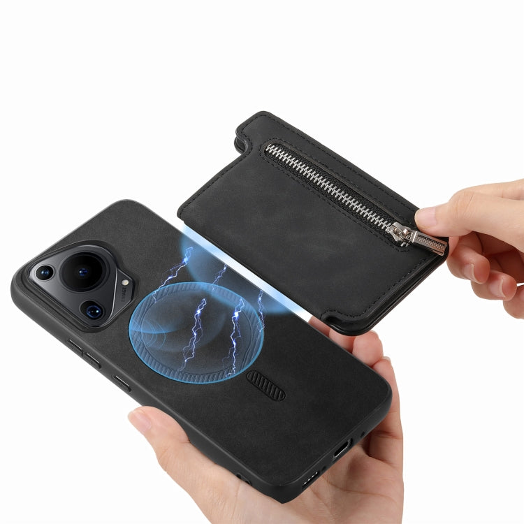 For Huawei Pura 70 Ultra Retro MagSafe Zipper Wallet Card Bag Back Phone Case(Black) - Huawei Cases by PMC Jewellery | Online Shopping South Africa | PMC Jewellery | Buy Now Pay Later Mobicred