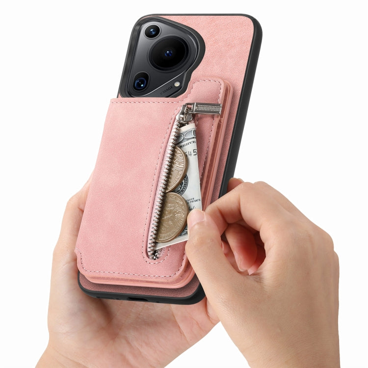 For Huawei Pura 70 Retro MagSafe Zipper Wallet Card Bag Back Phone Case(Pink) - Huawei Cases by PMC Jewellery | Online Shopping South Africa | PMC Jewellery | Buy Now Pay Later Mobicred