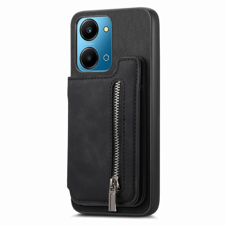 For Honor Play 7T / X7a Retro MagSafe Zipper Wallet Card Bag Back Phone Case(Black) - Honor Cases by PMC TechLife | Online Shopping South Africa | PMC TechLife | Buy Now Pay Later Mobicred