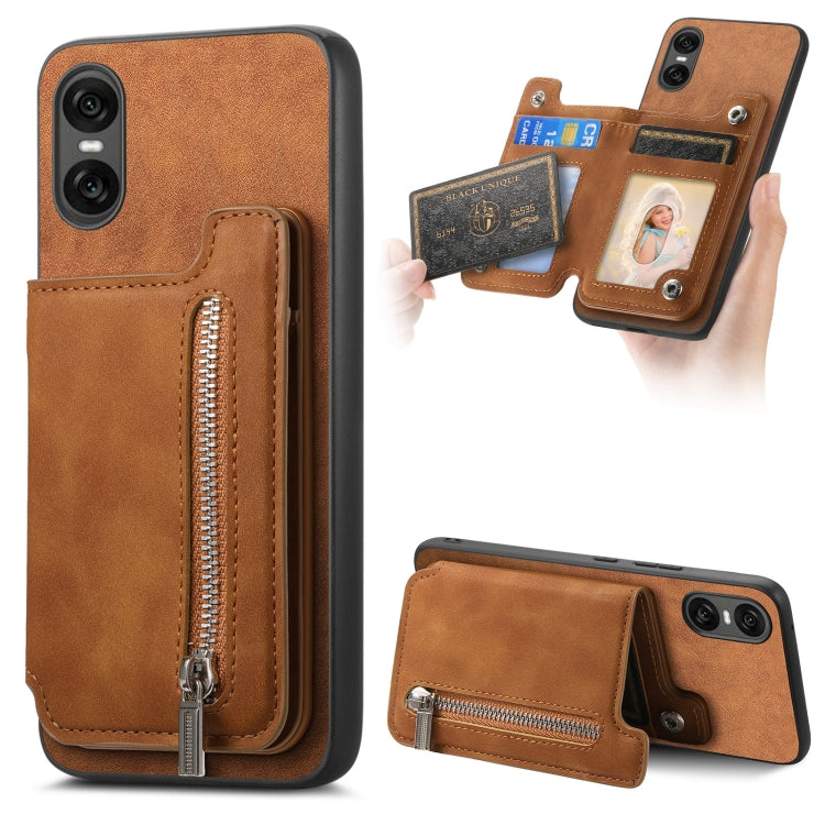 For Sony Xperia 10 VI Retro MagSafe Zipper Wallet Card Bag Back Phone Case(Brown) - Sony Cases by PMC TechLife | Online Shopping South Africa | PMC TechLife | Buy Now Pay Later Mobicred