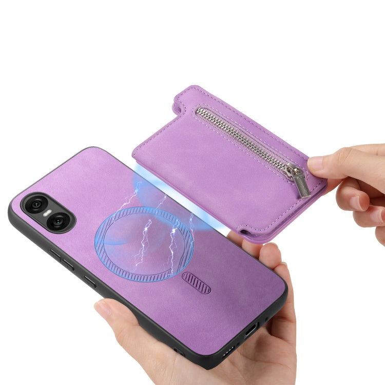 For Sony Xperia 1 V Retro MagSafe Zipper Wallet Card Bag Back Phone Case(Purple) - Sony Cases by PMC TechLife | Online Shopping South Africa | PMC TechLife | Buy Now Pay Later Mobicred