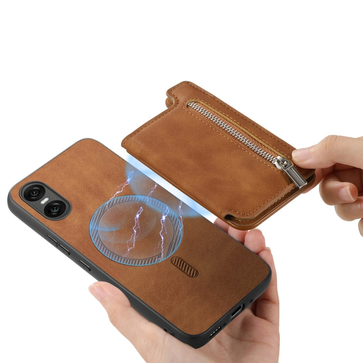 For Sony Xperia 10 V Retro MagSafe Zipper Wallet Card Bag Back Phone Case(Brown) - Sony Cases by PMC TechLife | Online Shopping South Africa | PMC TechLife | Buy Now Pay Later Mobicred
