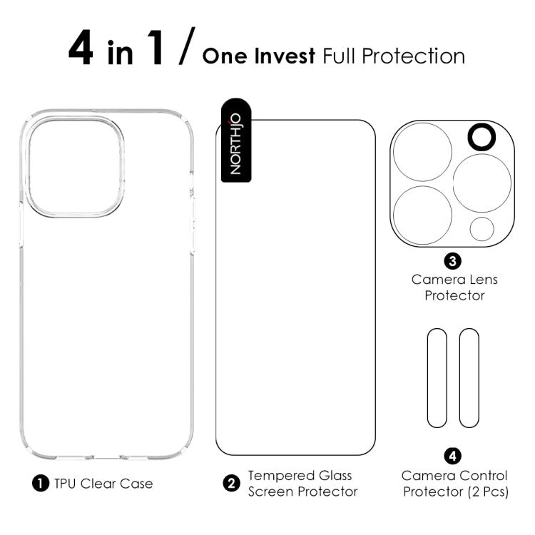 For iPhone 16 Pro NORTHJO 4 in 1 TPU Phone Case with Screen Film and Lens Film and Camera Control Button Cover(Clear) - free shipping - PMC Jewellery - Order now!