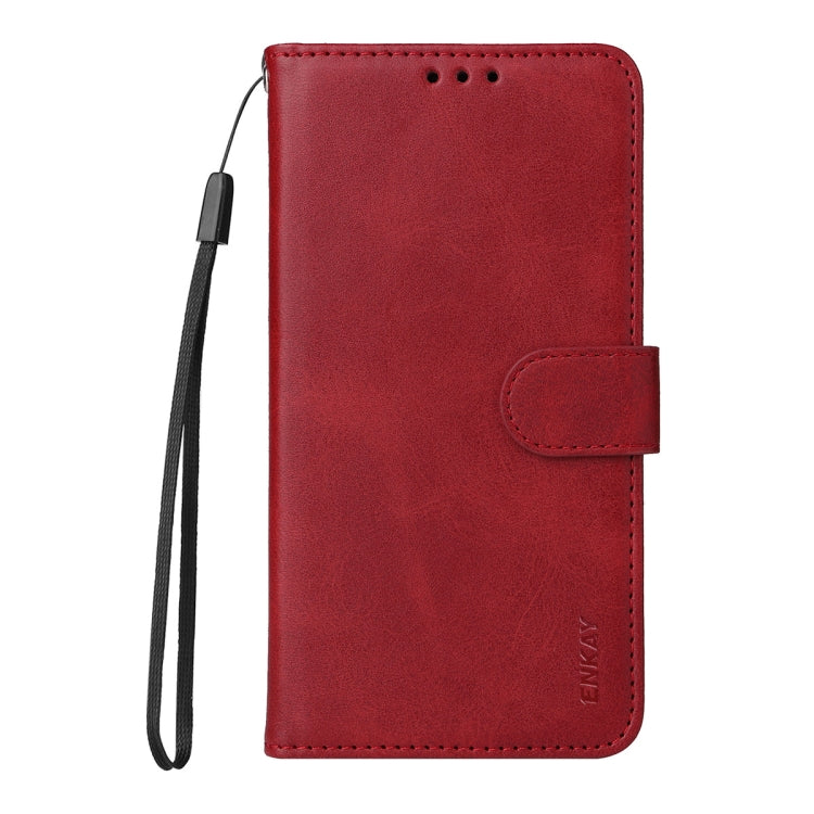 For iPhone 16e ENKAY Card Wallet Calf Texture Leather Phone Case with Screen Film(Red) - iPhone 16e Cases by ENKAY | Online Shopping South Africa | PMC TechLife | Buy Now Pay Later Mobicred