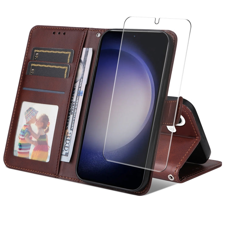 For Samsung Galaxy S25 5G ENKAY Card Wallet Calf Texture Leather Phone Case with Screen Film(Brown) - Galaxy S25 5G Cases by ENKAY | Online Shopping South Africa | PMC Jewellery | Buy Now Pay Later Mobicred