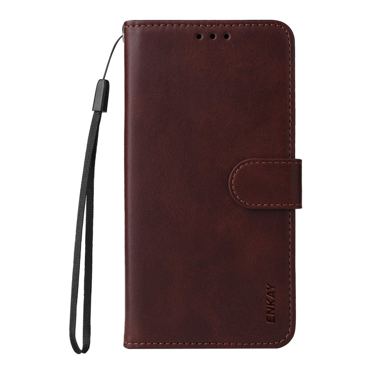 For Samsung Galaxy S25 5G ENKAY Card Wallet Calf Texture Leather Phone Case with Screen Film(Brown) - Galaxy S25 5G Cases by ENKAY | Online Shopping South Africa | PMC Jewellery | Buy Now Pay Later Mobicred