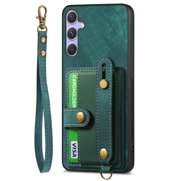 For Samsung Galaxy S25 5G Retro Cross Wristband Wallet Leather Back Phone Case(Green) - Galaxy S25 5G Cases by PMC Jewellery | Online Shopping South Africa | PMC Jewellery | Buy Now Pay Later Mobicred