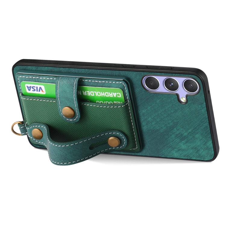 For Samsung Galaxy S25 5G Retro Cross Wristband Wallet Leather Back Phone Case(Green) - Galaxy S25 5G Cases by PMC Jewellery | Online Shopping South Africa | PMC Jewellery | Buy Now Pay Later Mobicred