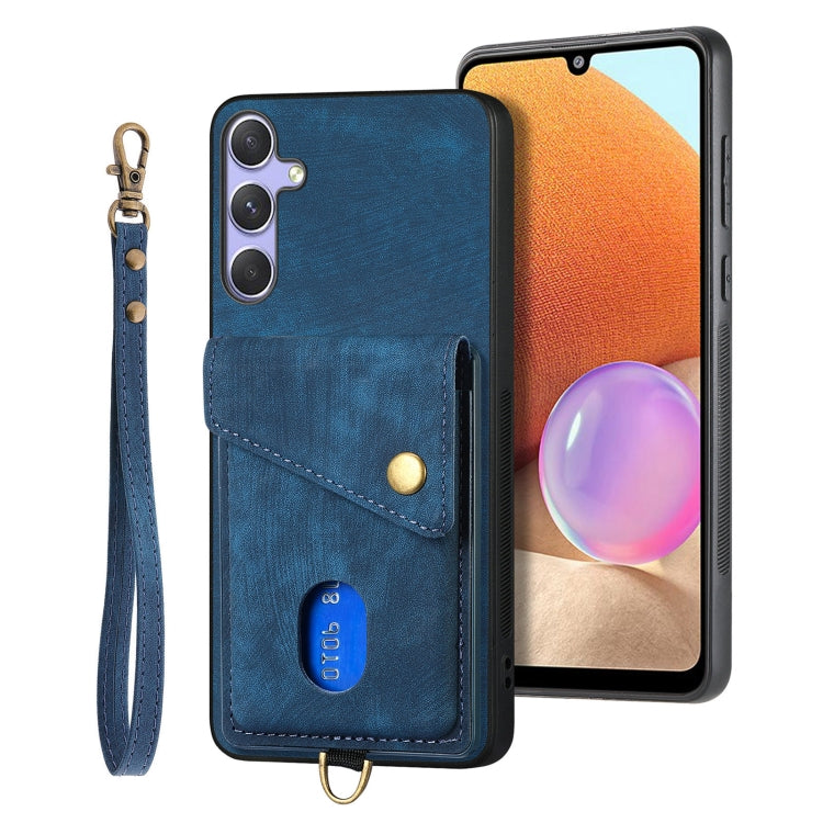 For Samsung Galaxy S25 5G Retro Card Wallet Fold Leather Phone Case with Strap(Blue) - Galaxy S25 5G Cases by PMC TechLife | Online Shopping South Africa | PMC TechLife | Buy Now Pay Later Mobicred