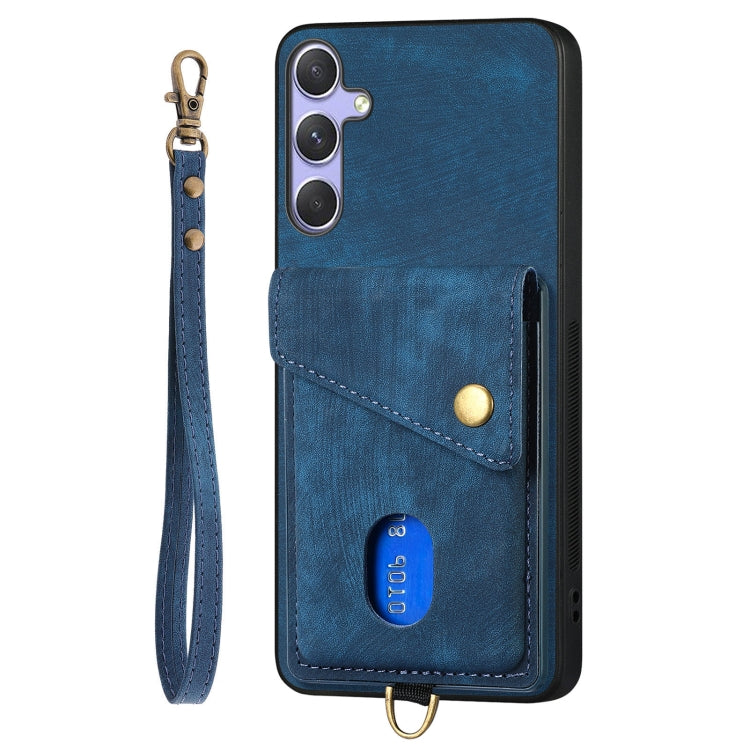 For Samsung Galaxy S25 5G Retro Card Wallet Fold Leather Phone Case with Strap(Blue) - Galaxy S25 5G Cases by PMC TechLife | Online Shopping South Africa | PMC TechLife | Buy Now Pay Later Mobicred
