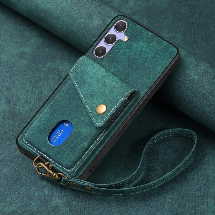 For Samsung Galaxy S25 5G Retro Card Wallet Fold Leather Phone Case with Strap(Green) - Galaxy S25 5G Cases by PMC TechLife | Online Shopping South Africa | PMC TechLife | Buy Now Pay Later Mobicred