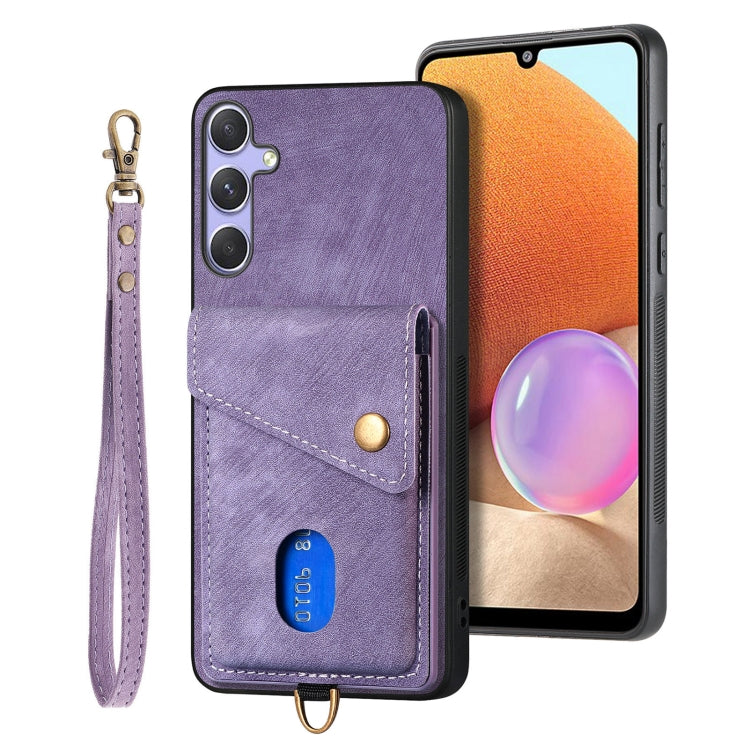 For Samsung Galaxy S25 5G Retro Card Wallet Fold Leather Phone Case with Strap(Purple) - Galaxy S25 5G Cases by PMC TechLife | Online Shopping South Africa | PMC TechLife | Buy Now Pay Later Mobicred