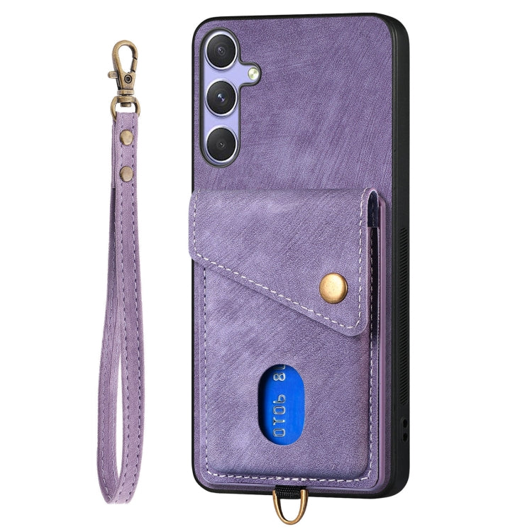 For Samsung Galaxy S25 5G Retro Card Wallet Fold Leather Phone Case with Strap(Purple) - Galaxy S25 5G Cases by PMC TechLife | Online Shopping South Africa | PMC TechLife | Buy Now Pay Later Mobicred