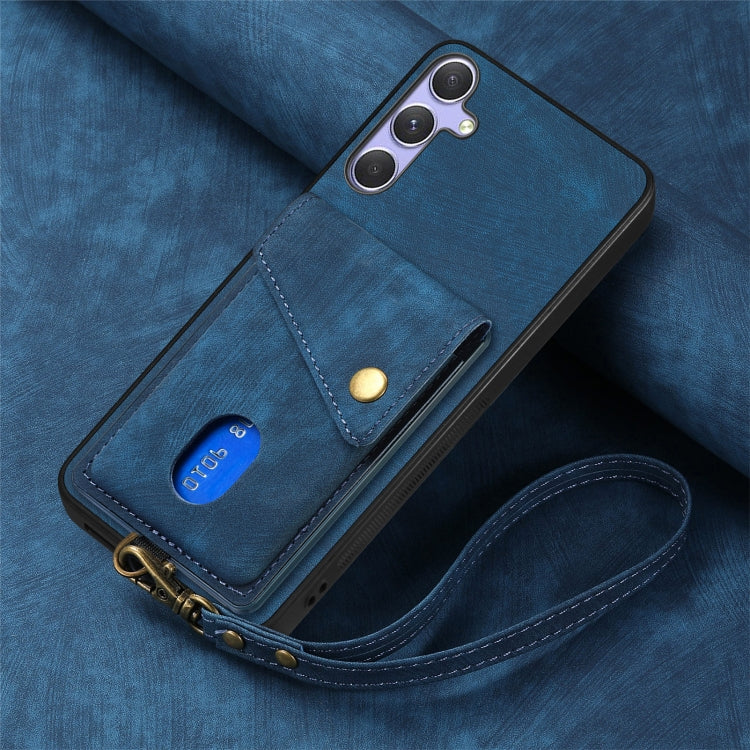 For Samsung Galaxy S25+ 5G Retro Card Wallet Fold Leather Phone Case with Strap(Blue) - Galaxy S25+ 5G Cases by PMC TechLife | Online Shopping South Africa | PMC TechLife | Buy Now Pay Later Mobicred