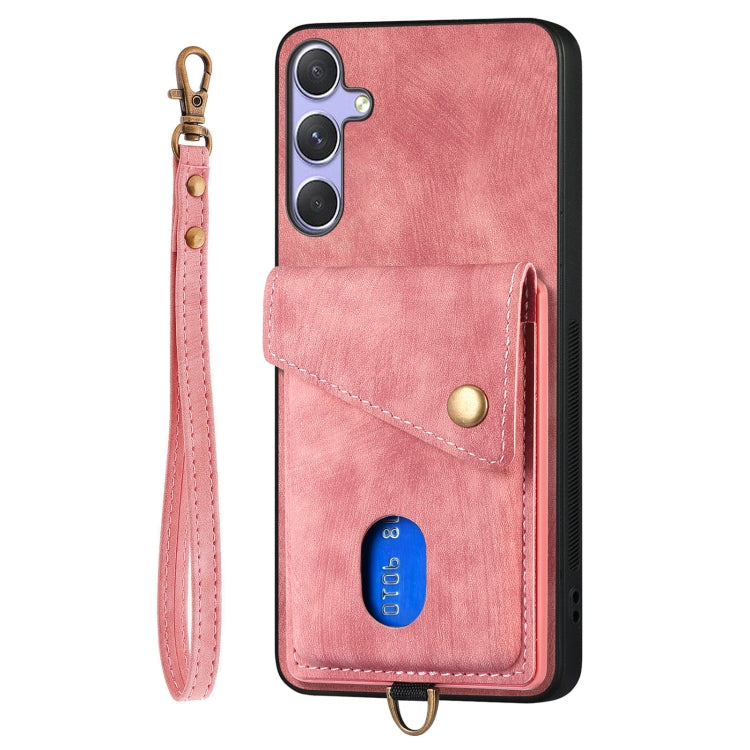For Samsung Galaxy S25+ 5G Retro Card Wallet Fold Leather Phone Case with Strap(Pink) - Galaxy S25+ 5G Cases by PMC TechLife | Online Shopping South Africa | PMC TechLife | Buy Now Pay Later Mobicred