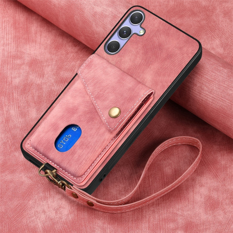 For Samsung Galaxy S25+ 5G Retro Card Wallet Fold Leather Phone Case with Strap(Pink) - Galaxy S25+ 5G Cases by PMC TechLife | Online Shopping South Africa | PMC TechLife | Buy Now Pay Later Mobicred