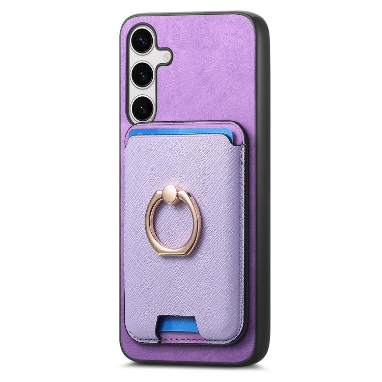 For Samsung Galaxy S25 5G Retro Cross Leather Ring Vertical Insert Card Bag MagSafe Phone Case(Purple) - Galaxy S25 5G Cases by PMC Jewellery | Online Shopping South Africa | PMC Jewellery | Buy Now Pay Later Mobicred