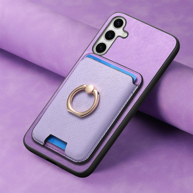 For Samsung Galaxy S25 5G Retro Cross Leather Ring Vertical Insert Card Bag MagSafe Phone Case(Purple) - Galaxy S25 5G Cases by PMC Jewellery | Online Shopping South Africa | PMC Jewellery | Buy Now Pay Later Mobicred