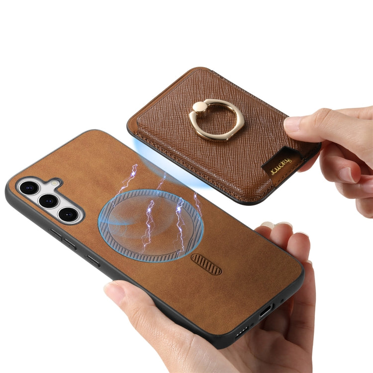 For Samsung Galaxy S25+ 5G Retro Cross Leather Ring Vertical Insert Card Bag MagSafe Phone Case(Brown) - Galaxy S25+ 5G Cases by PMC Jewellery | Online Shopping South Africa | PMC Jewellery | Buy Now Pay Later Mobicred