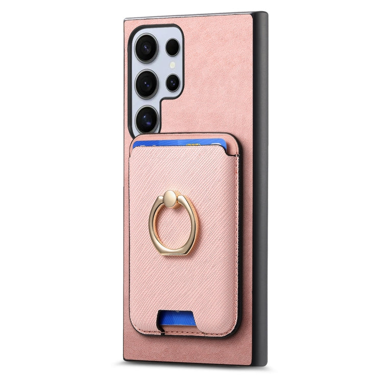 For Samsung Galaxy S25 Ultra 5G Retro Cross Leather Ring Vertical Insert Card Bag MagSafe Phone Case(Pink) - Galaxy S25 Ultra 5G Cases by PMC Jewellery | Online Shopping South Africa | PMC Jewellery | Buy Now Pay Later Mobicred