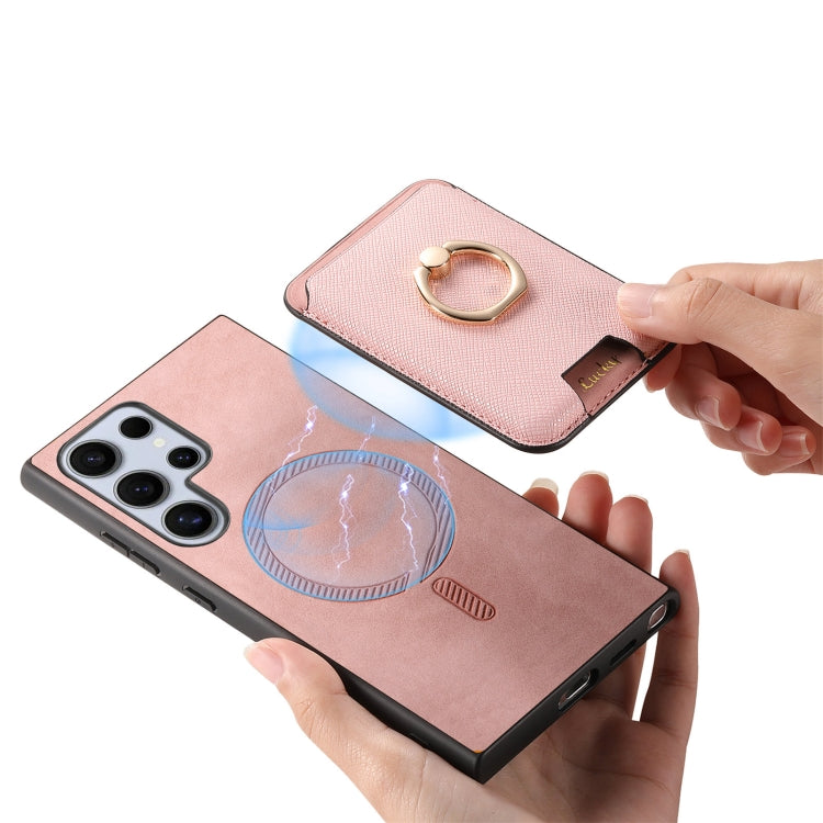 For Samsung Galaxy S25 Ultra 5G Retro Cross Leather Ring Vertical Insert Card Bag MagSafe Phone Case(Pink) - Galaxy S25 Ultra 5G Cases by PMC Jewellery | Online Shopping South Africa | PMC Jewellery | Buy Now Pay Later Mobicred