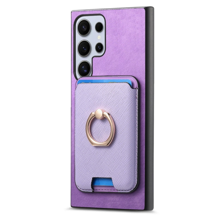 For Samsung Galaxy S25 Ultra 5G Retro Cross Leather Ring Vertical Insert Card Bag MagSafe Phone Case(Purple) - Galaxy S25 Ultra 5G Cases by PMC Jewellery | Online Shopping South Africa | PMC Jewellery | Buy Now Pay Later Mobicred