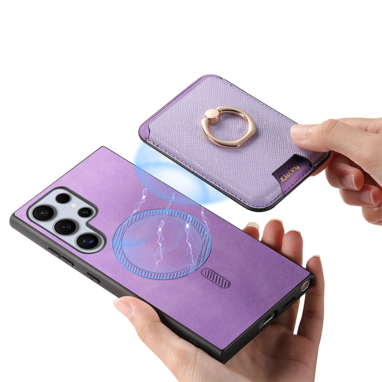For Samsung Galaxy S25 Ultra 5G Retro Cross Leather Ring Vertical Insert Card Bag MagSafe Phone Case(Purple) - Galaxy S25 Ultra 5G Cases by PMC Jewellery | Online Shopping South Africa | PMC Jewellery | Buy Now Pay Later Mobicred