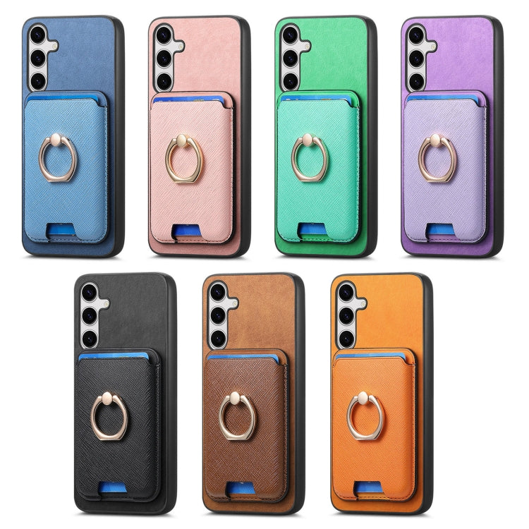 For Samsung Galaxy S25 Ultra 5G Retro Cross Leather Ring Vertical Insert Card Bag MagSafe Phone Case(Yellow) - Galaxy S25 Ultra 5G Cases by PMC Jewellery | Online Shopping South Africa | PMC Jewellery | Buy Now Pay Later Mobicred