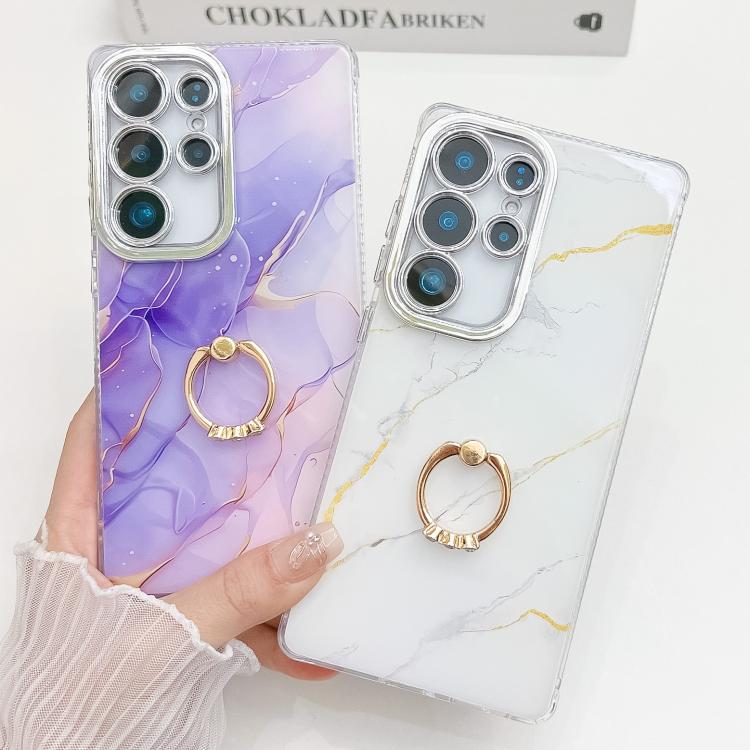 For Samsung Galaxy S25 Ultra 5G Electroplated Marble Texture Ring Holder Phone Case(Gold White S1) - Galaxy S25 Ultra 5G Cases by PMC Jewellery | Online Shopping South Africa | PMC Jewellery | Buy Now Pay Later Mobicred