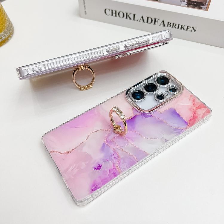 For Samsung Galaxy S25 5G Electroplated Marble Texture Ring Holder Phone Case(Gold Pink Red  S12) - Galaxy S25 5G Cases by PMC Jewellery | Online Shopping South Africa | PMC Jewellery | Buy Now Pay Later Mobicred