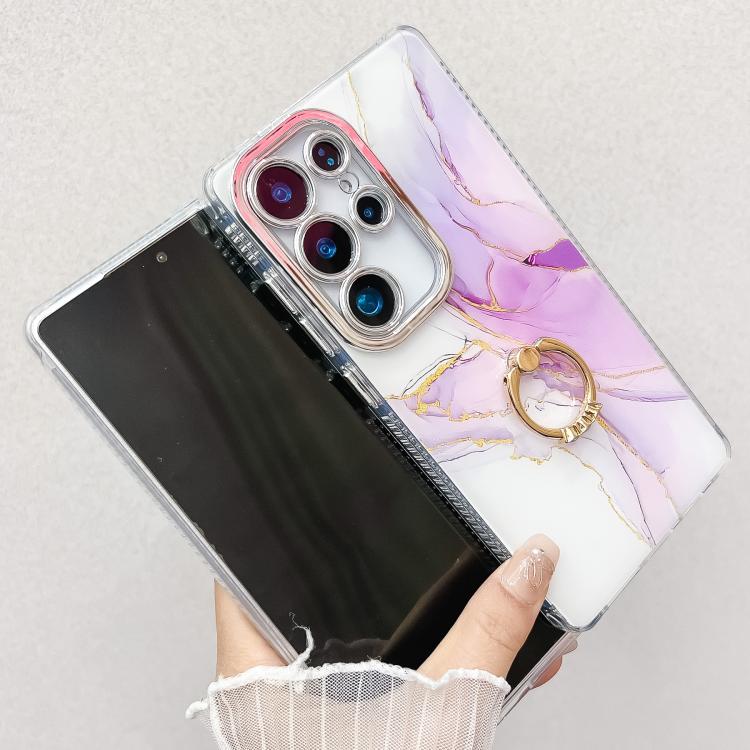 For Samsung Galaxy S25 Ultra 5G Electroplated Marble Texture Ring Holder Phone Case(Gold White S1) - Galaxy S25 Ultra 5G Cases by PMC Jewellery | Online Shopping South Africa | PMC Jewellery | Buy Now Pay Later Mobicred